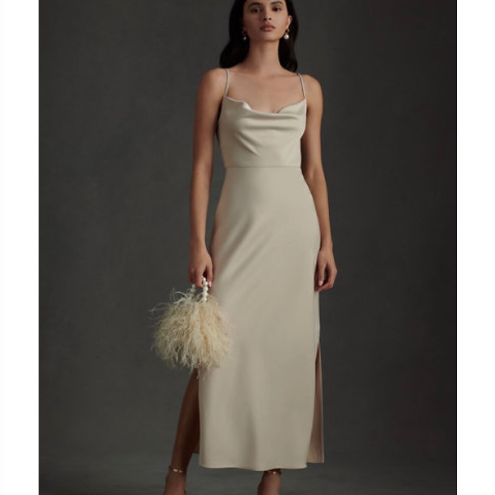 BHLDN Cali Satin Charmeuse Midi Dress. Champagne color